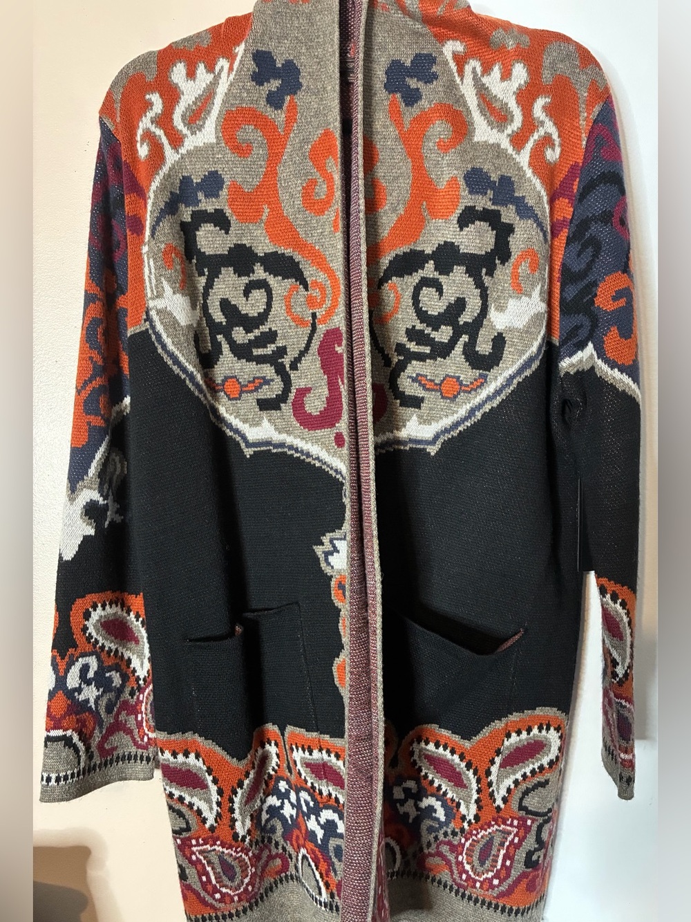 Black Multicolor Patterned Open-Front Coatigan -